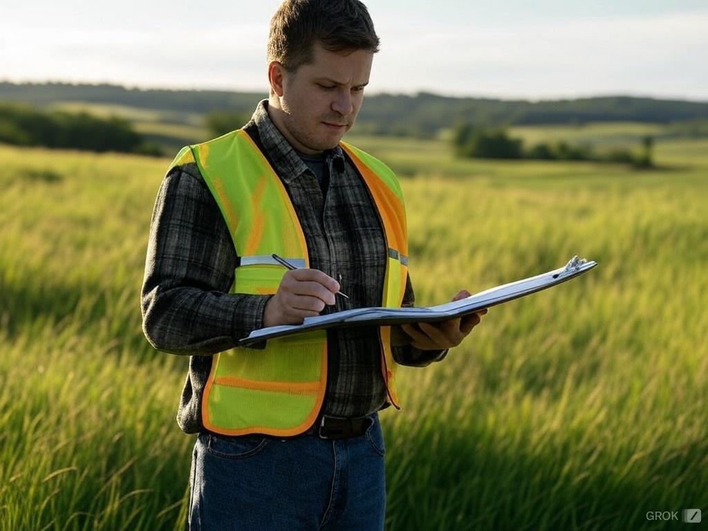 a man wearing a safety vest stands in a grassy field reviewing paperwork