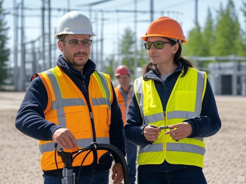 a man and woman wearing safety vests and hard hats stand in front of transmission lines