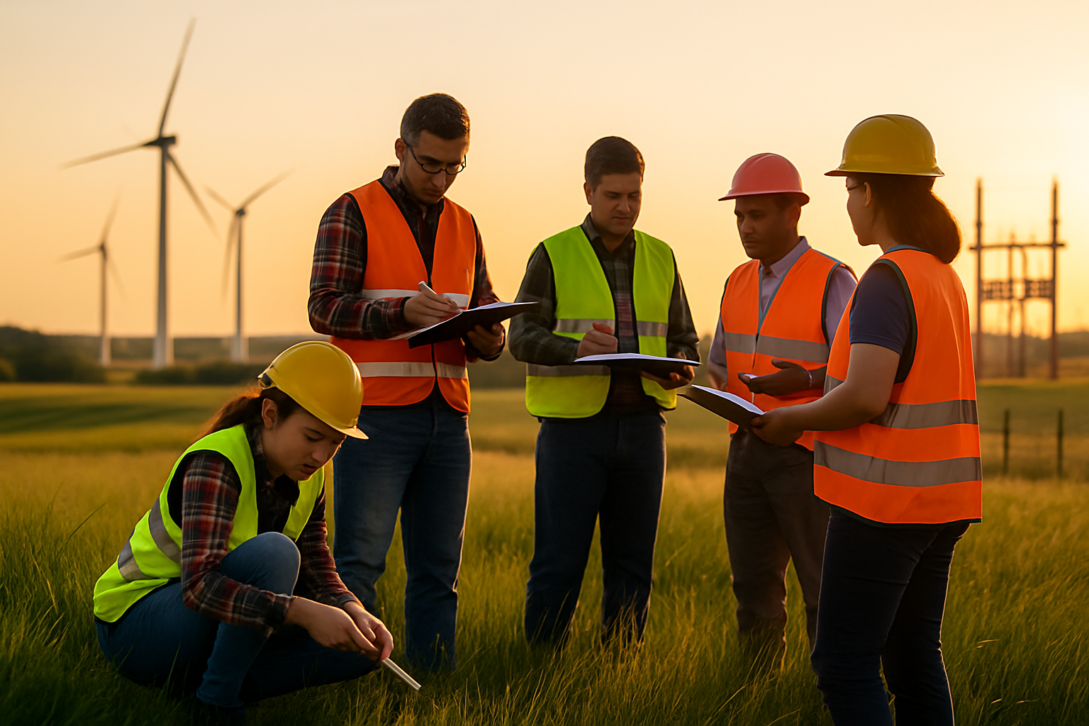 a group of engineers in safety vests and hard hats survey the land in front of wind turbines