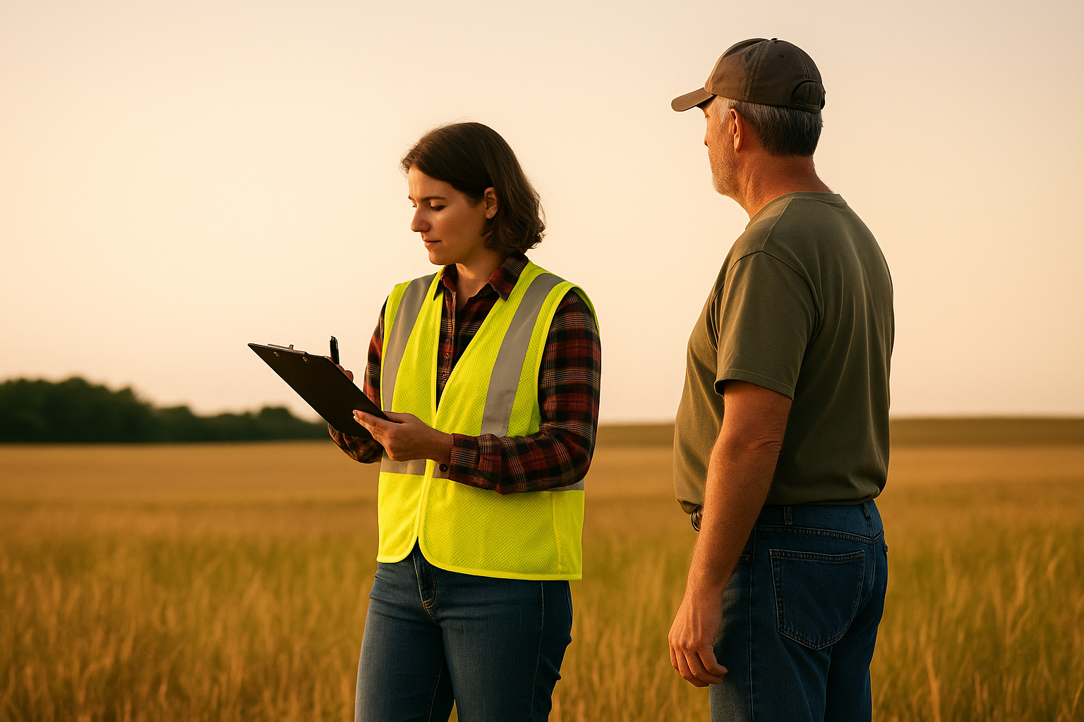 a woman wearing a safety vest and hard hat surveys the land with a farmer